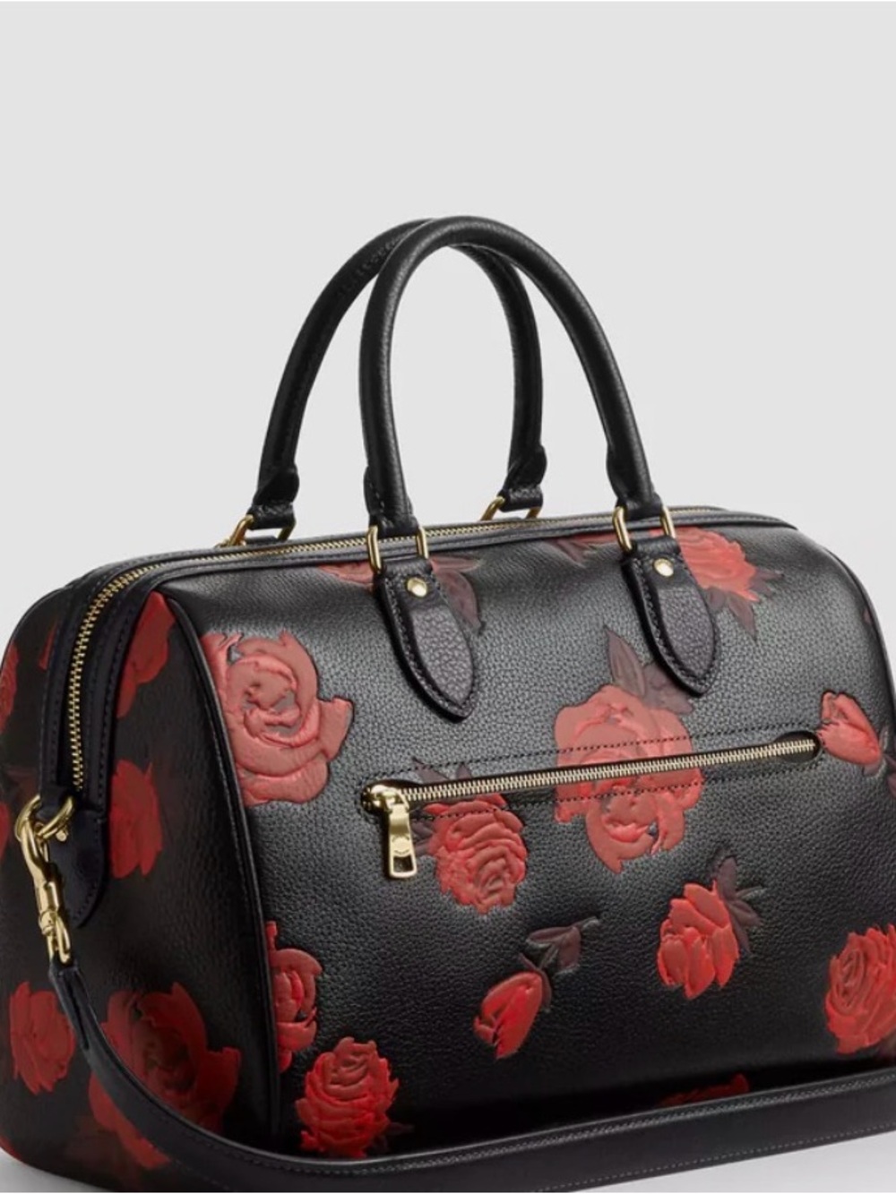 NWT Coach Large Black Leather Satchel with Red Roses - Picture 3 of 4